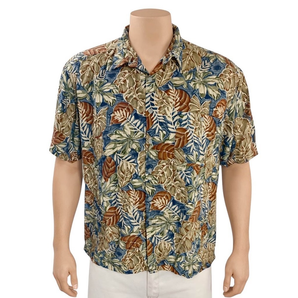 Campia Moda Hawaiian Aloha Shirt XL Floral Abstract Leaves Brown Blue Green